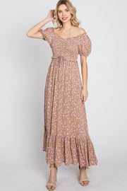 Lavender Floral Sweetheart Neck Off Shoulder Maxi Dress