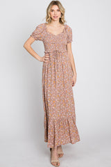 Lavender Floral Sweetheart Neck Off Shoulder Maxi Dress