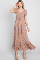 Lavender Floral Sweetheart Neck Off Shoulder Maxi Dress