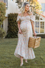 Ivory Floral Sweetheart Neck Off Shoulder Maternity Maxi Dress