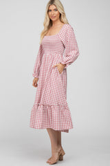 Mauve Gingham Print Long Sleeve Midi Dress