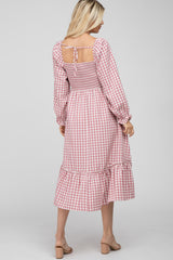 Mauve Gingham Print Long Sleeve Midi Dress