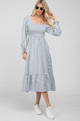 Grey Gingham Print Long Sleeve Midi Dress