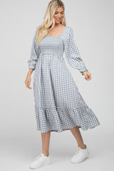 Grey Gingham Print Long Sleeve Midi Dress