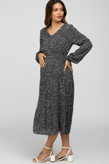 Black Dot Print Tiered Maternity Midi Dress