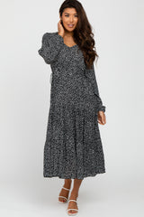 Black Dot Print Tiered Midi Dress