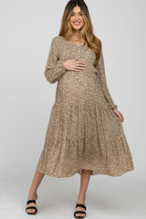 Taupe Dot Print Tiered Maternity Midi Dress