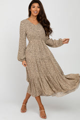 Taupe Dot Print Tiered Midi Dress