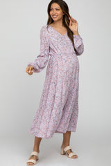 Lavender Floral Side Tie Maternity Midi Dress