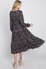 Black Floral Side Tie Midi Dress