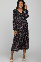 Black Floral Side Tie Maternity Midi Dress