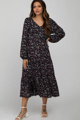 Black Floral Side Tie Maternity Midi Dress