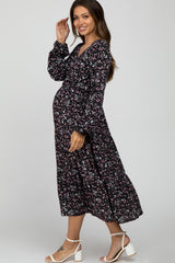 Black Floral Side Tie Maternity Midi Dress