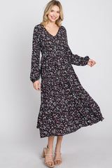 Black Floral Side Tie Midi Dress