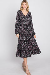 Black Floral Side Tie Midi Dress