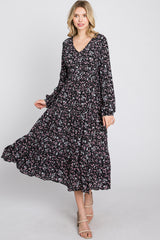 Black Floral Side Tie Midi Dress