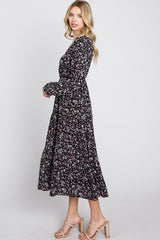 Black Floral Side Tie Midi Dress