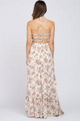 Beige Floral Smocked Halter Back Cutout Maternity Maxi Dress