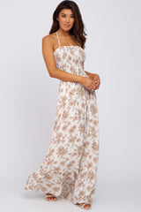 Beige Floral Smocked Halter Back Cutout Maternity Maxi Dress