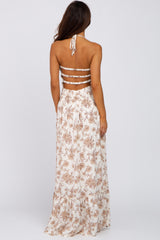 Beige Floral Smocked Halter Back Cutout Maxi Dress