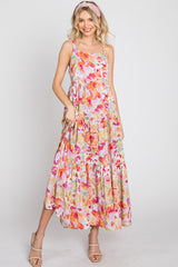 Pink Floral Square Neck Ruffle Tiered Midi Dress