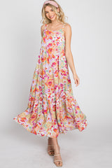 Pink Floral Square Neck Ruffle Tiered Midi Dress