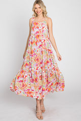 Pink Floral Square Neck Ruffle Tiered Midi Dress