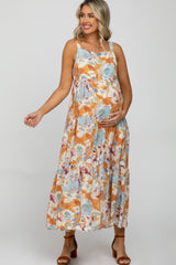 Peach Floral Square Neck Ruffle Tiered Maternity Midi Dress