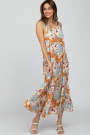 Peach Floral Square Neck Ruffle Tiered Midi Dress