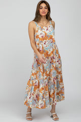 Peach Floral Square Neck Ruffle Tiered Midi Dress