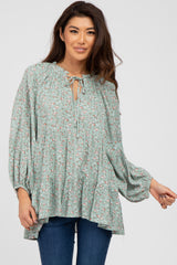 Mint Green Floral Ruffle Neck Front Tie Top