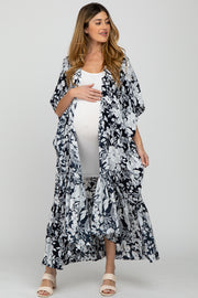 Navy Blue Floral Ruffle Hem Long Maternity Cover Up