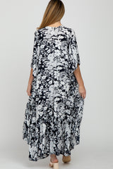 Navy Blue Floral Ruffle Hem Long Maternity Cover Up