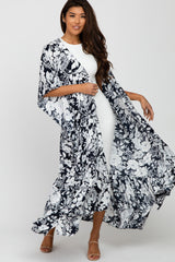 Navy Blue Floral Ruffle Hem Long Maternity Cover Up