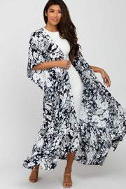 Navy Blue Floral Ruffle Hem Long Cover Up