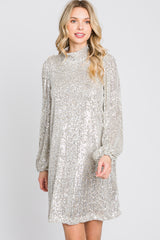 Silver Sequin Mock Neck Mini Dress