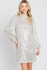 Silver Sequin Mock Neck Mini Dress