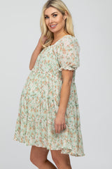 Mint Floral Pleated Square Neck Maternity Plus Dress