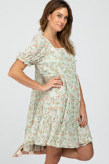 Mint Floral Pleated Square Neck Plus Dress