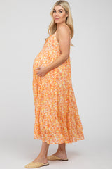 Orange Floral Tiered Chiffon Maternity Dress