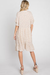 Beige Floral Short Sleeve Ruffle Hem Dress