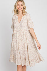 Beige Floral Short Sleeve Ruffle Hem Dress