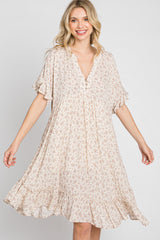 Beige Floral Short Sleeve Ruffle Hem Dress