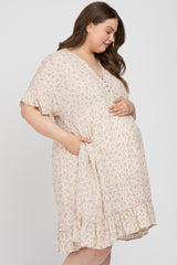 Beige Floral Short Sleeve Ruffle Hem Plus Maternity Dress