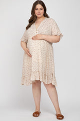 Beige Floral Short Sleeve Ruffle Hem Plus Maternity Dress