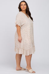 Beige Floral Short Sleeve Ruffle Hem Plus Dress