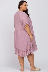 Lavender Floral Short Sleeve Ruffle Hem Plus Dress