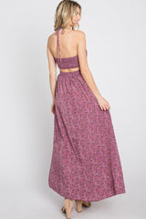 Purple Floral Sweetheart Neck Back Cutout Maxi Dress