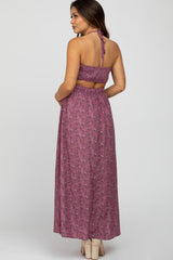 Purple Floral Sweetheart Neck Back Cutout Maternity Maxi Dress