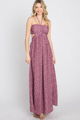 Purple Floral Sweetheart Neck Back Cutout Maxi Dress